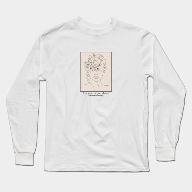 Let your mind bloom, Copenhagen Denmark trendy beige flower head line art design Long Sleeve T-Shirt by ByPhillip